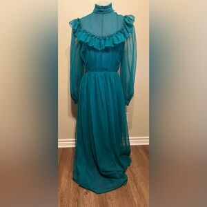 Vintage Teal Chiffon cottage core 70s Dress